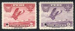 Yvert 4/5, 1934 Biplane, Set Of 2 Values, Proofs In Different Colors With Little Punch Hole On The Left Face Value... - Perù