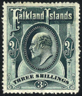 Sc.28, 1904/7 Edward VII 3S. Green, Mint, VF, Catalog Value US$180. - Falklandeilanden