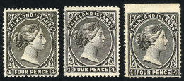 Sc.6 + 6a + 6b, 1883/95 Victoria 4p. With Right Watermark, 3 Mint Examples, Colors Olive Gray, Black-gray And... - Falklandeilanden