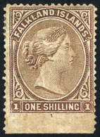 Sc.4, 1878/9 1S. Bistre Unwatermarked, Mint Original Gum, VF, With Sheet Margin Below Imperforate! - Falklandinseln