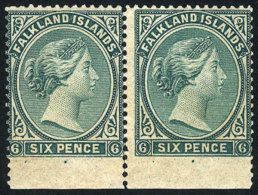 Sc.3, 1878/9 6p. Green Unwatermarked, Beautiful Mint Pair With Sheet Margin Below Imperforate, With Full Original... - Falklandeilanden