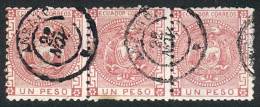 Sc.11, 1P. Rose, Used STRIP OF 3 With Datestamp Of AMBATO, VF Quality, Rare! - Ecuador