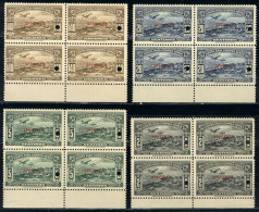 Sc.C31/38, 1937 Puntarenas Expo (airplane, Ship), Compl. Set Of 4 Values In Blocks Of 4 With SPECIMEN Overprint And... - Costa Rica