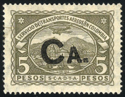 Sc.CLCA11, 1923 5P. Olive Green, Mint Of VF Quality, Very Rare, With Guarantee Signature Of Alberto Diena, Catalog... - Colombia