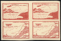 Yvert 11, 10c. Carminish Red (airplane And Mountains), Block Of 4 Of The 2 Different Cinderellas, Mint No Gum As... - Colombie