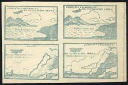 Yvert 10, 10c. Green (airplane And Mountains), Block Of 4 Of The 2 Different Cinderellas, Mint No Gum As Issued,... - Colombie
