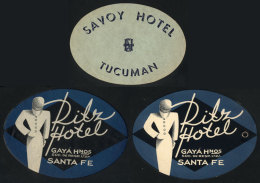 3 Hotel Luggage Labels, 2 (different) Of Ritz Hotel In Santa Fe, And Of Savoy Hotel, Tucumán, Circa 1950, VF... - Hotel- & Gaststättengewerbe