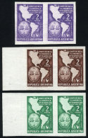 GJ.1083, 1957 Economic Conference (map, Ships, Coat Of Arms), TRIAL COLOR PROOFS: 3 Imperforate Pairs Printed On... - Luchtpost