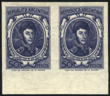 GJ.1318AP, 50P. San Martín, National Unsurfaced Paper, Rare IMPERFORATE PAIR, VF Quality! - Autres & Non Classés