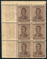 GJ.459a, 1918 2c. San Martín Unwatermarked, Block Of 6 With Variety: DOUBLE IMPRESSION, One Inverted (very... - Autres & Non Classés