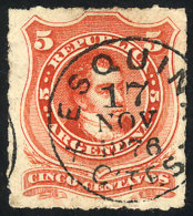 GJ.48, 1876 5c. Rivadavia Rouletted, Used With Rare Cancel Of ESQUINA (Corrientes), VF Quality! - Sonstige & Ohne Zuordnung