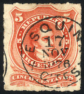 GJ.48, 1876 5c. Rivadavia Rouletted, Used With Rare Cancel Of ESQUINA (Corrientes), VF Quality! - Other & Unclassified