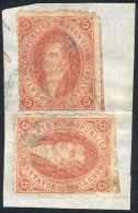 GJ.19i + 19, 1st Or 2nd Printing, 2 Examples (one Mulatto) On Fragment With Blue OM Cancel, Superb! - Gebruikt