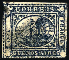 GJ.12, To Rs. Blue, Used, With 3 Very Ample Margins, Very Nice Example, Catalog Value US$330. - Buenos Aires (1858-1864)