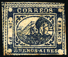 GJ.11A, IN Ps. Dark Blue, Mint, With 3 Margins (2 Are Huge And With Part Of Adjacent Stamps), Very Nice, Catalog... - Buenos Aires (1858-1864)