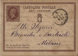 INTERO REGNO VITTORIO EMANUELE II 10 C 1875 FORLI' X MILANO - Entiers Postaux