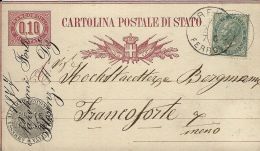 INTERO REGNO SERVIZIO DI STATO 10 C + 5 C 1878 FIRENZE X FRANCOFORTE GERMANIA - Ganzsachen