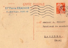 TB 2016 - Entier Postal - CPA Commerciale - Ets Pierre KRAEMER à PARIS Pour HASPRES - Standard Postcards & Stamped On Demand (before 1995)