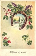 T2 'Boldog új évet' / New Year Greeting Postcard, Clovers, Horseshoe - Unclassified