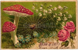 * T2 Újév / New Year Mushrooms, Spiderweb Emb. Litho - Unclassified