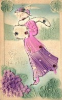 * T4 New Year Greeting Card, Ice Skating Lady, Clover, Emb. (r) - Unclassified