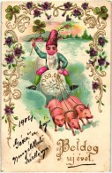 T3 'Boldog Újévet' / New Year Greeting, Dwarf, Pigs, Clover, Golden Decorated, Floral, Art Nouveau,... - Non Classificati