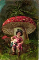 T3 'Boldog Újévet' / New Year Greeting, Girl, Mushrooms, Golden Decorated, Litho (fa) - Unclassified