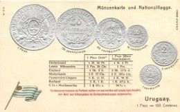 ** T1 Urugay; Set Of Coins, Flag, Münzenkarte Und Nationalflagge H.S.M. Silver Emb. Litho - Unclassified