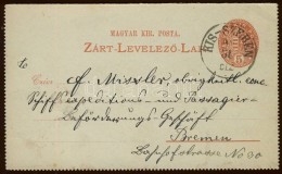 1890. Díjjegyes Zárt LevelezÅ‘lap Németországba 'KIS-SZEBEN' - Altri & Non Classificati