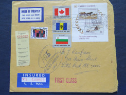 United Nations 1985 Insured Cover To USA - Flags - Paintings Imperf. S.s. - Cartas & Documentos
