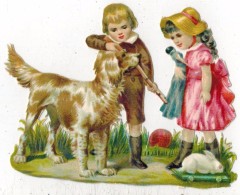 IMAGE CHROMO En Découpis : " Scène De Chasse Avec Enfants Chien Fusil Lapin Sur Planche à Roulettes " Epagneul Breton - Children