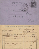 FRANCIA FRANCE 10 C TYPE SAGE 1889 PARIS To PADOVA ITALY REPIQUAGE PRIVATE PRINT - AK Mit Aufdruck (vor 1995)