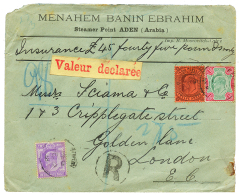ADEN : 1908 1R (scarce) + 12a + 2a Canc. ADEN + Label VALEUR DECLAREE On REGISTERED Envelope To ENGLAND. RARE. Vf. - Autres & Non Classés