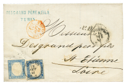 SARDINIA : 1861 20c Blue (2 Different Shades) Canc. TORINO On Cover To FRANCE. Very Light Crease On Stamps(imperceptible - Sardinia