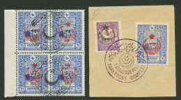 GERMAN PO IN ROMANIA : Piece With FELDPOST PAKETPOST BUKAREST On Stamps From TURKEY + Block Of 4 Canc. TURKISCHE FELDPOS - Turkey (offices)