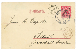 KIAUTSCHOU To MARSCHALL ISLANDS : 1898 CHINA 10pf(v3I) Canc. TSINGTAU CHINA + LIGNE N PAQ FR N°8 + HONG KONG To JALU - Kiauchau