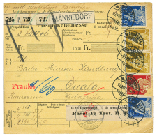 1913 SWITZERLAND 25c(x2) + 1F(fault) + 3F(x2) Canc. MANNEDORF On Parcel(PAKETKARTE) To DUALA KAMERUN. Vvf. - Cameroun