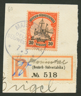 40pf Canc. MARIENTAL + REGISTERED Label On Piece. Vf. - German South West Africa