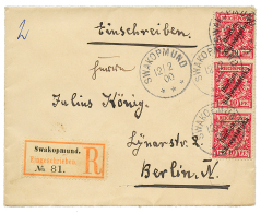 1900 10pd Strip Of 3 Canc. SWAKOPMUND On REGISTERED Envelope To BERLIN. Superb. - German South West Africa