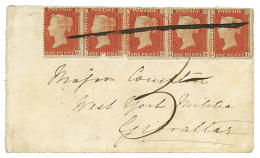 1855 1d Strip Of 5 (faults) With Manuscript Cancellation + "5" Tax Marking On Envelope To GIBRALTAR. Verso, POST OFFICE - Postmark Collection