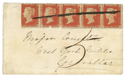 1855 1d Strip Of 5 (faults) With Manuscript Cancellation + "5" Tax Marking On Envelope To GIBRALTAR. Verso, POST OFFICE - Marcofilie