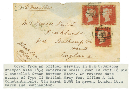 HMS CURACOA : 1855 1d(x3) Faults Canc. Crown And Stars + "BLACK SEA FLEET CURACOA" On Envelope(1 Flap Missing) To ENGLAN - Marcofilie