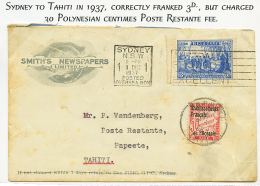 1937 AUSTRALIA 3d Sur Env. De SYDNEY Pour POSTE RESTANTE PAPEETE TAHITI Taxée Avec TAXE OCEANIE 30c. TB. - Covers & Documents