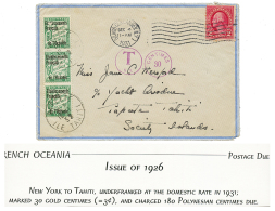 1931 USA 2c Sur Env. De NEW_YORK Pour PAPEETE TAHITI Taxéee Avec TAXE OCEANIE 60c(x3). TTB. - Covers & Documents