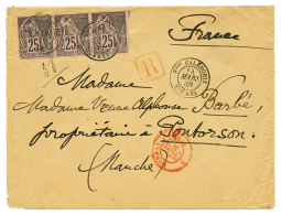 1889 CG 25c(x3) Obl. NOUMEA Sur Env. RECOMMANDE Avec Texte Pour La FRANCE. RARE. TTB. - Brieven En Documenten