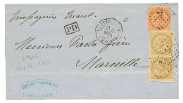 1871 AIGLE 10c(x2) + 40c Obl. ANCRE + Cachet Rare ETAB. FR. INDES PAQ FR O N°1 Sur Lettre De PONDICHERY Pour La FRAN - Covers & Documents