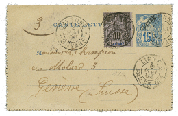 1893 Entier 15c Surchargé GUYANE + 10c Obl. CAYENNE Pour GENEVE(SUISSE). TB. - Covers & Documents