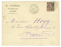 1892 25c Surchargé GUYANE Obl. CAYENNE Sur Env. Pour PARIS. Emission Rare Sur Lettre. TB. - Cartas & Documentos