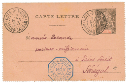 1893 Entier 25c Obl. COTE D'IVOIRE GRAND-BASSAM + LOANGO A BORDEAUX Pour Un Pasteur Missionnaire Au SENEGAL. TB Texte. S - Covers & Documents