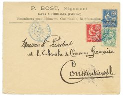 JAFFA : 1908 5c + 10c + 1P S/ 25c Obl. JAFFA PALESTINE En Bleu Sur Env. Commerciale Pour CONSTANTINOPLE. RARE. TTB. - Sonstige & Ohne Zuordnung